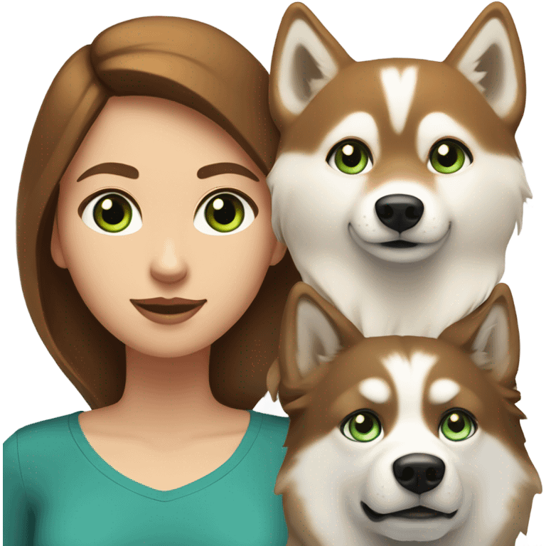 White Woman hair brown and bleus eyes and golden Husky With green eyes emoji