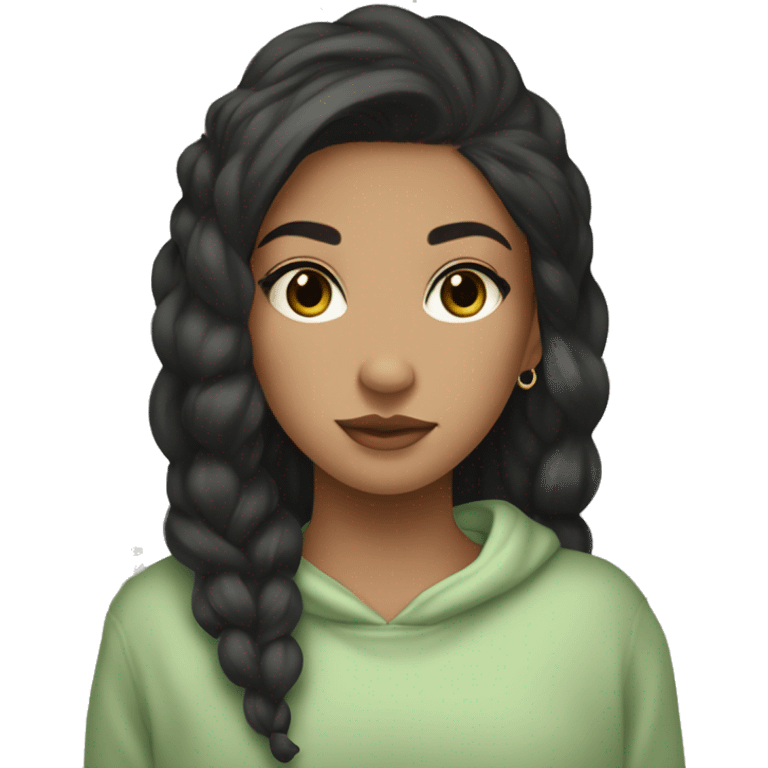 Olive skin tone girl, black hair, jewelry, pastel green sweater, Grey lose sweatpants, brown sneakers emoji