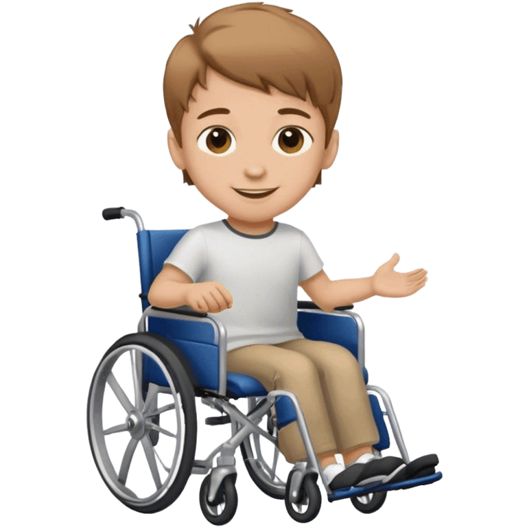 young boy with light brown hair and brown eyes in wheelchair smiling emoji