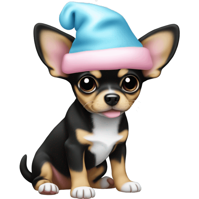 black & tan chihuahua puppy full body light blue eyes pink christmas hat on emoji