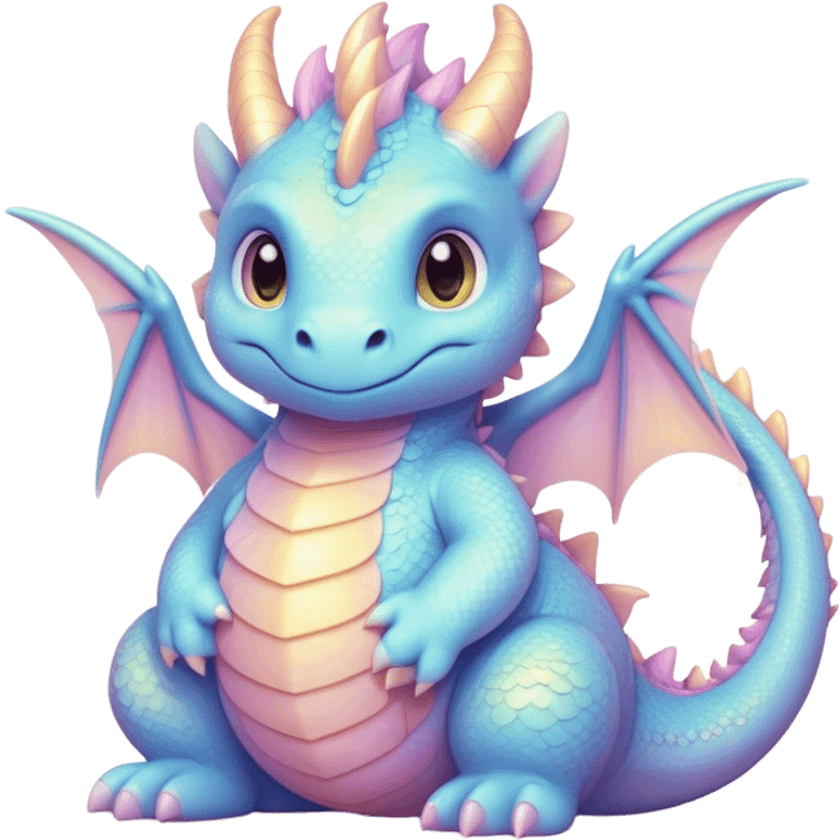 Cinematic fluffy pastel dragon, tiny round wings, chubby feet, sparkling gentle eyes, delicate glowing scales, soft colors blending magically, enchanting and whimsical. emoji