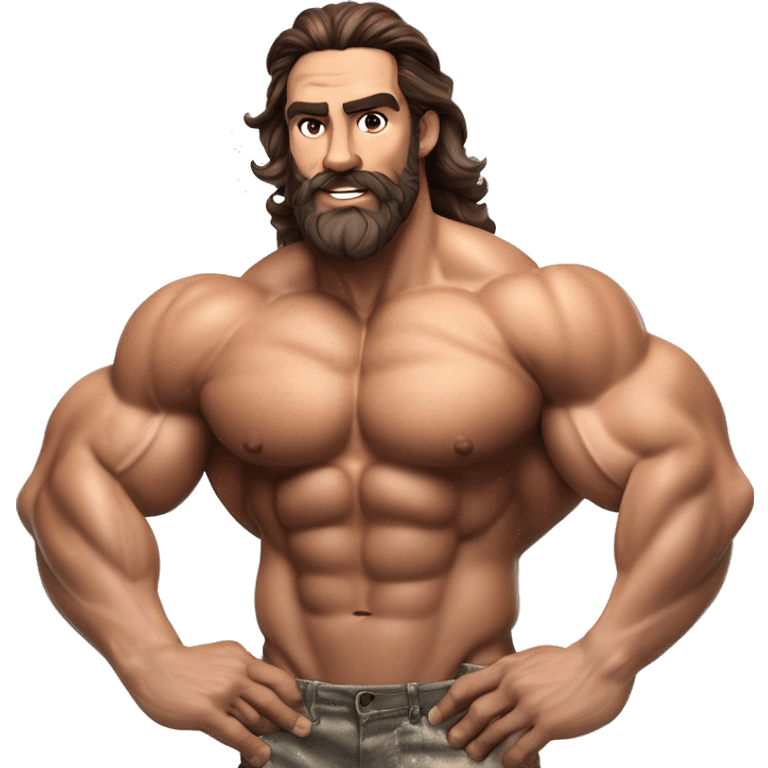 muscled hairy bodybuilder brown hair beard,enormous pecs and enormous biceps, long wavy hair in a man bun, with dark brown eyes, and tanned skin, full body from head to toes picture, flexin both biceps, hairy body, wearing, bodybuilding posing swimsuit emoji