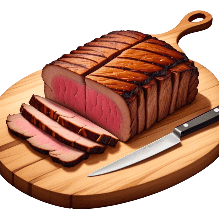 Cinematic smoked brisket, deep mahogany crust, perfectly sliced to reveal juicy marbled meat, warm smoky aroma, served on a wooden board, rich and flavorful, ultra-detailed and appetizing. emoji