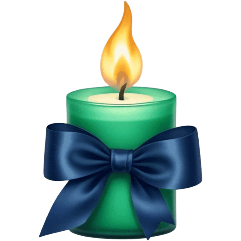 A charmingly arranged composition of a glass candle in a rich emerald shade, placed next to a carefully folded navy blue ribbon. emoji