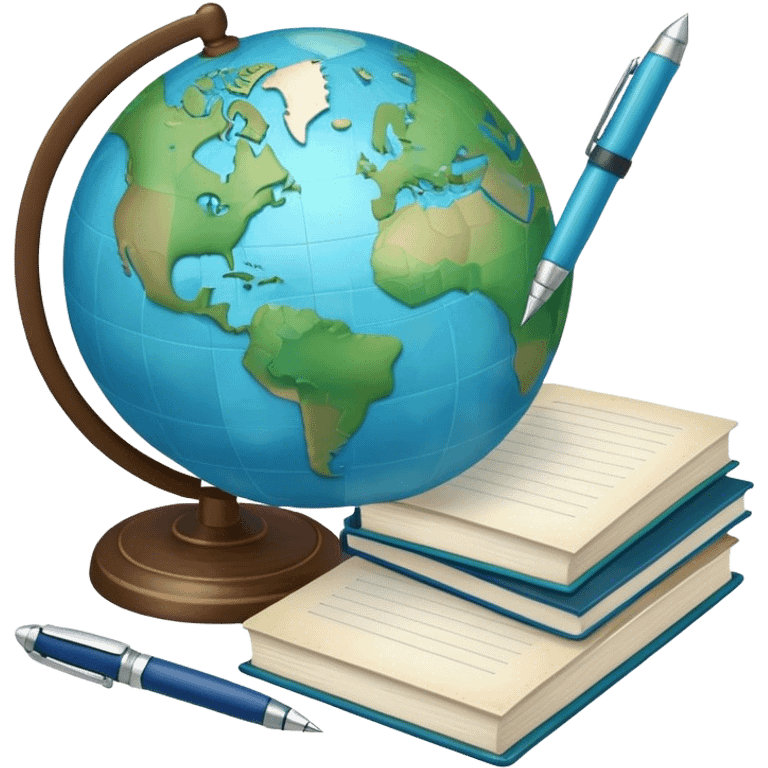 Create an emoji representing language translation. The design should feature just one globe in the background, symbolizing international communication. In front of the globe, place two books or sheets of paper with texs on them and a pen nearby to indicate the act of writing. Use a clean and professional color palette with blues, greens, and neutral tones. Make the background transparent. emoji