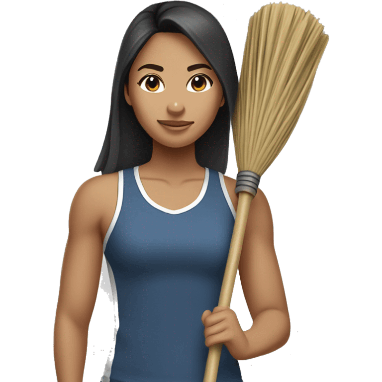 Mid 30 year old filipina holding broom stick westing gym clothes  emoji