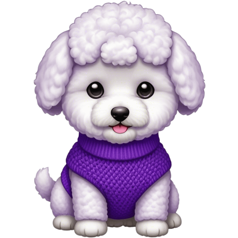 Bichon wearing a purple knit emoji