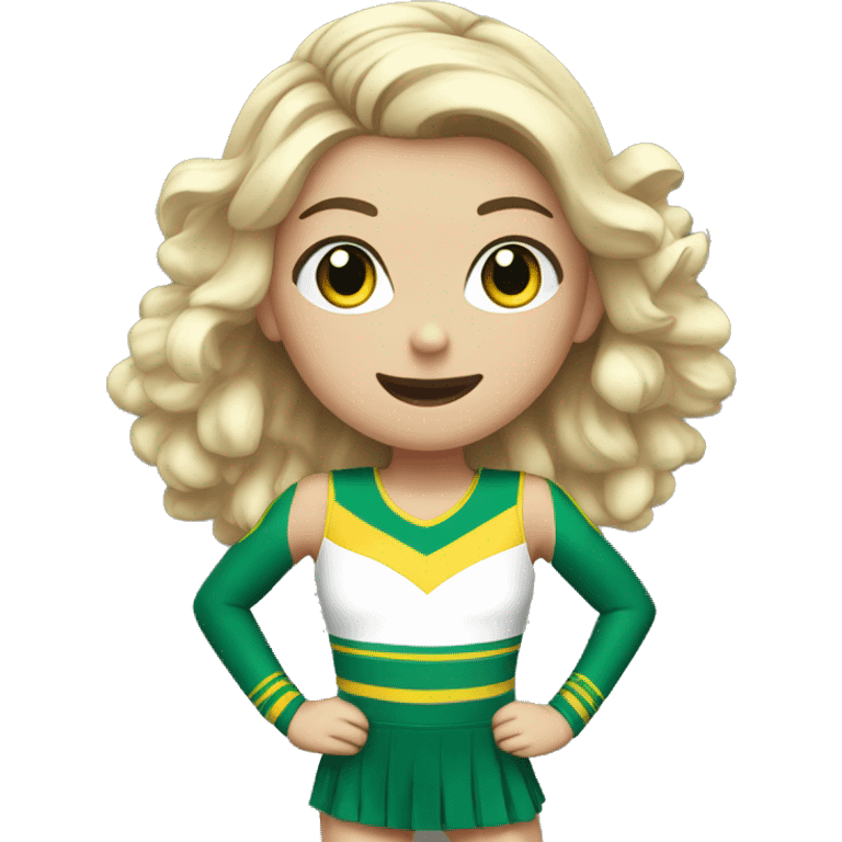 White girl Cheerleader cheering with green and yellow uniform and poms with blue eyes emoji