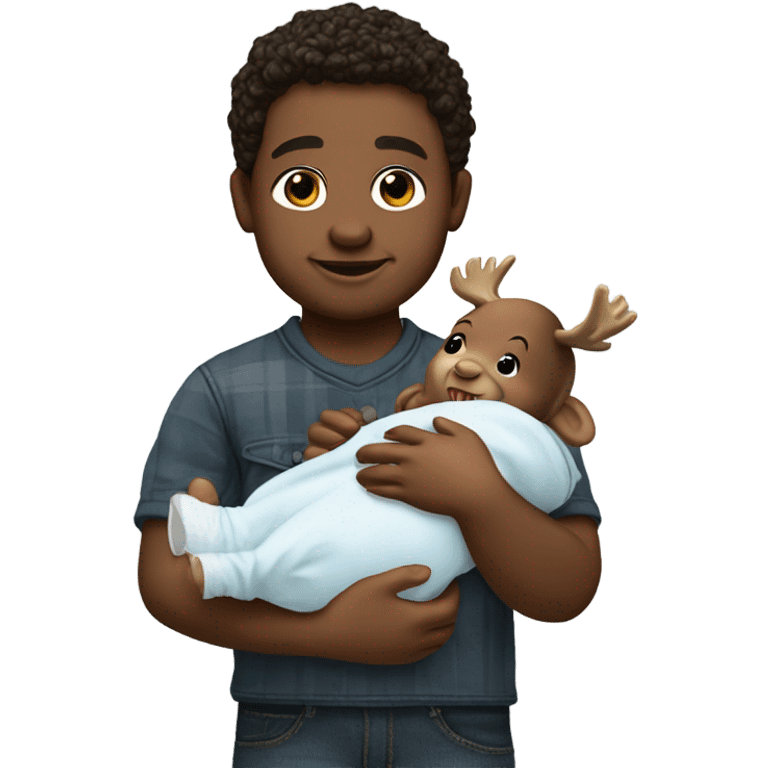 Live moose holding a lifelike boy baby doll emoji