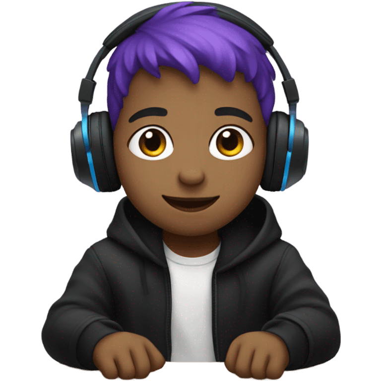 a boy sitting on a bench under a dim light in the park wearing headphones with purple and blue hair and black clothes emoji