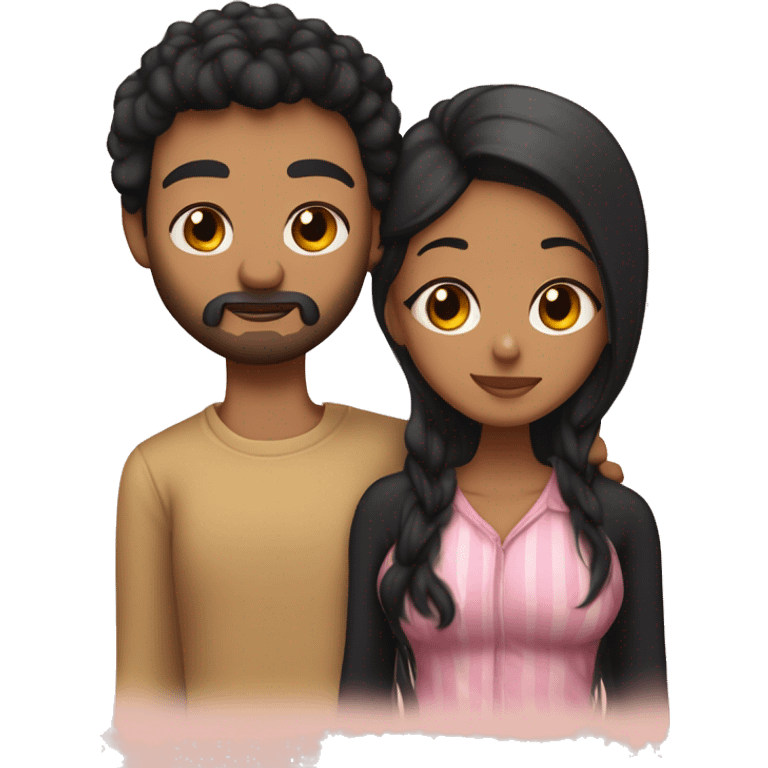 Medium skinned toned short bearded man with black hair kissing medium skin toned girl with black long hair wearing pajamas emoji