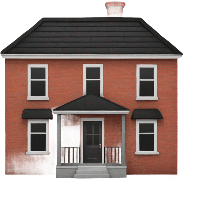 One story Small red brick house with black roof with a red door and one window  emoji