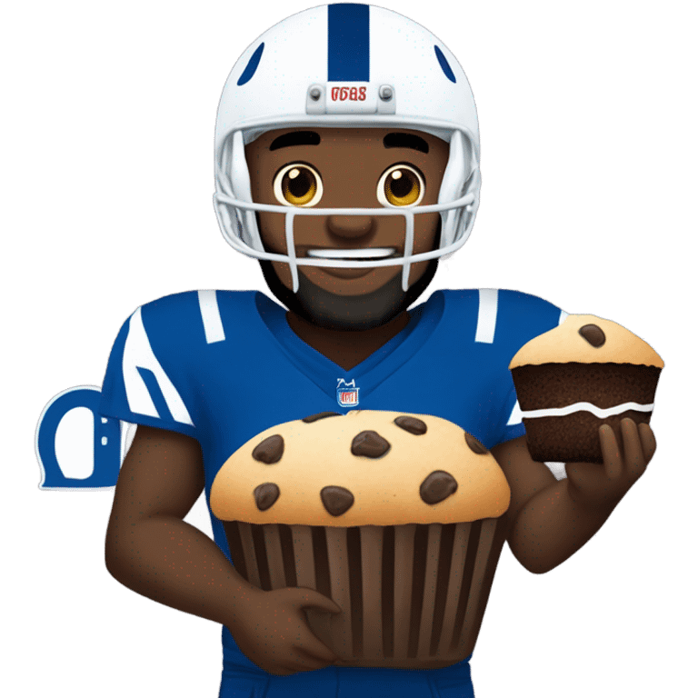 Black man with beard while wearing Colts symboled football helmet eating a chocolate chip muffin emoji