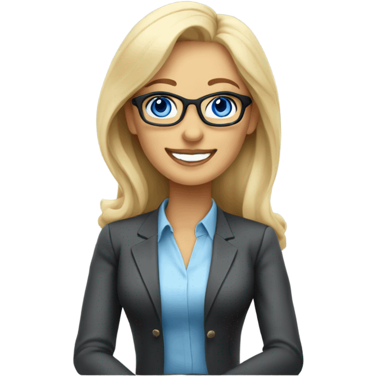 Corporate blonde boss lady with glasses happy blue eyes sitting at a desk emoji