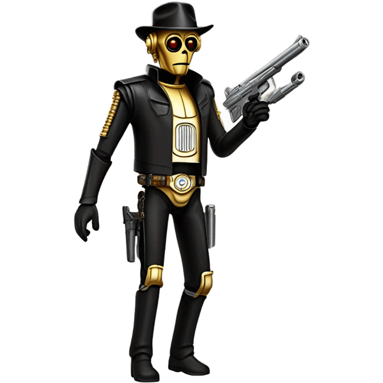 battle rough and tough bounty hunter c3Po wearing Satan’s leather outfit with guns and flat-brimmed hat on head. walking away happy emoji