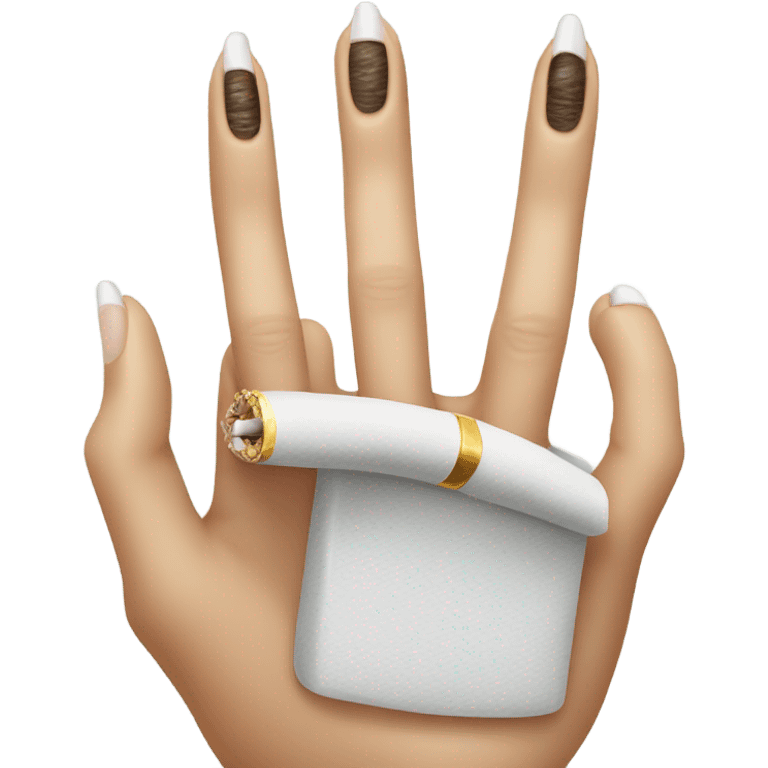 A hand with long manicured nails and a ring on every finger, holding a cigarette  emoji