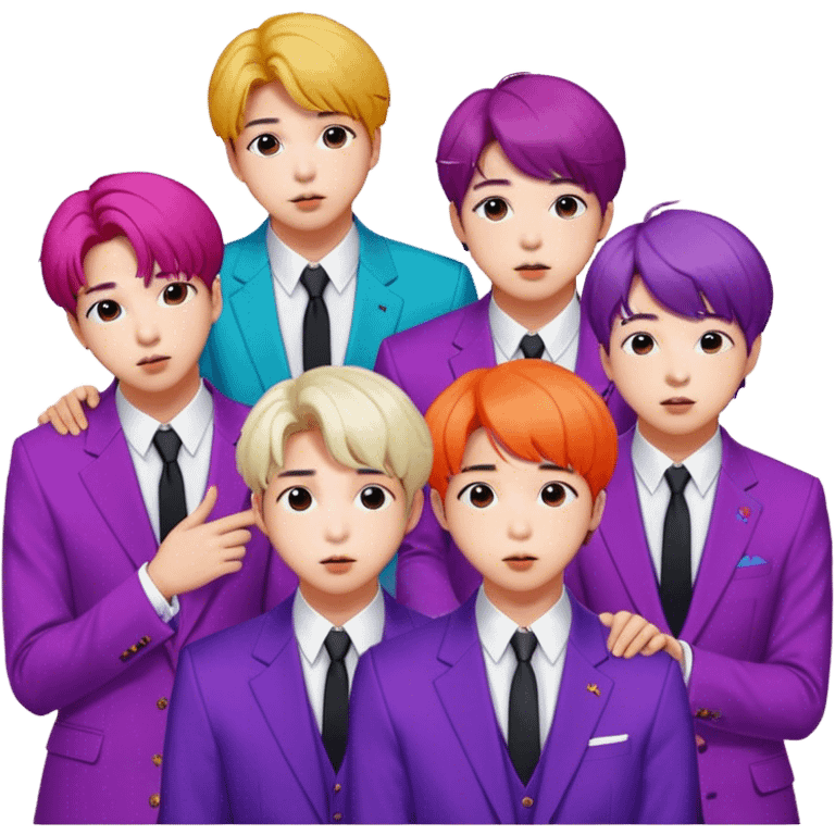 Cinematic Realistic group portrait of BTS featuring all 7 members in stylish modern attire, with detailed facial expressions and vibrant colors, captured in dynamic, contemporary lighting that emphasizes their global pop icon status emoji