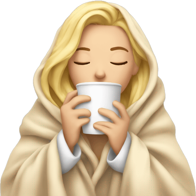 Blonde girl inside a blanket sipping coffee eyes closed emoji