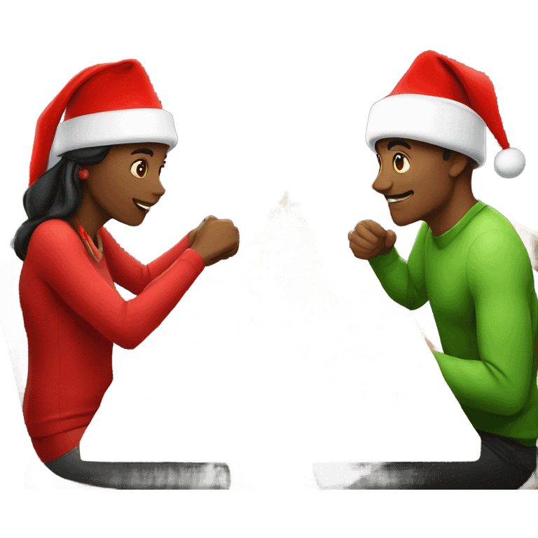 emoji Sports couple , a man and a woman in sportswear, sitting at the Christmas dinner table with a red Christmas hat emoji