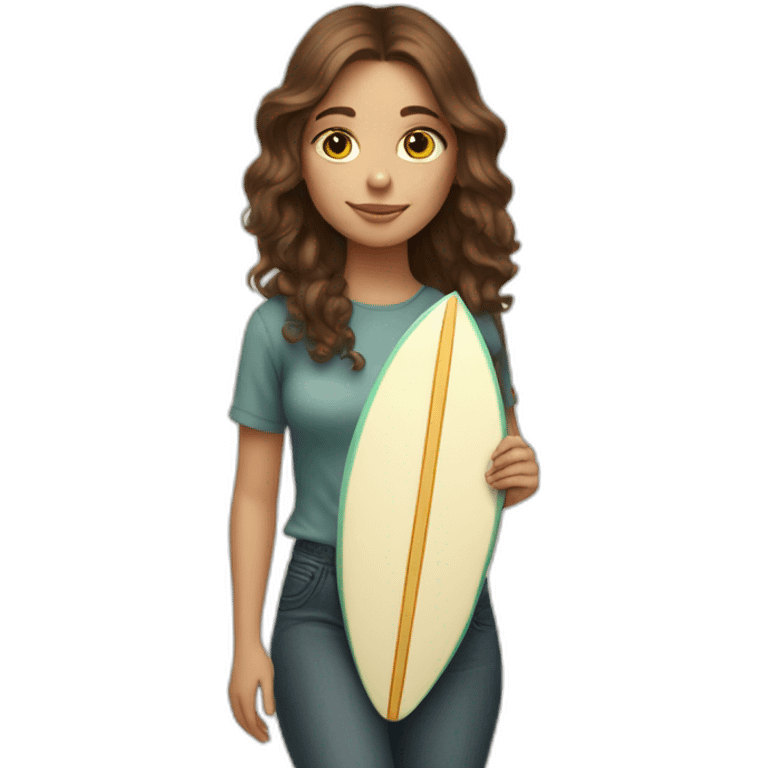 A brown haired girl with a surfboard and tarot cards emoji