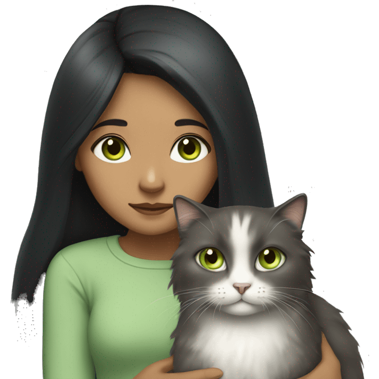 girl with long black hair and light brown eyes holding fluffy grey cat with light green eyes emoji