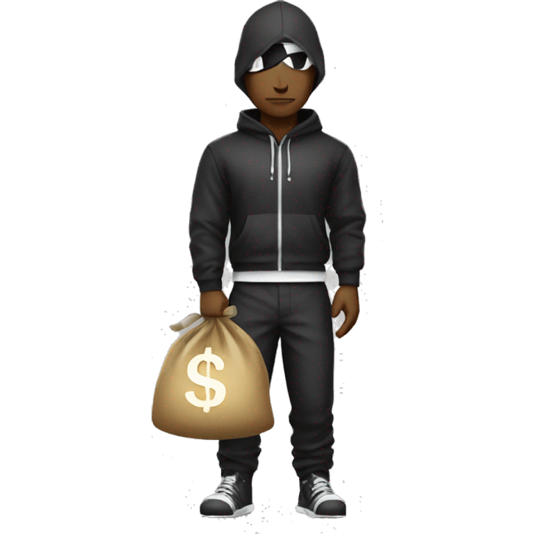 Thief with black and white strapped clothes and a money bag behind him emoji