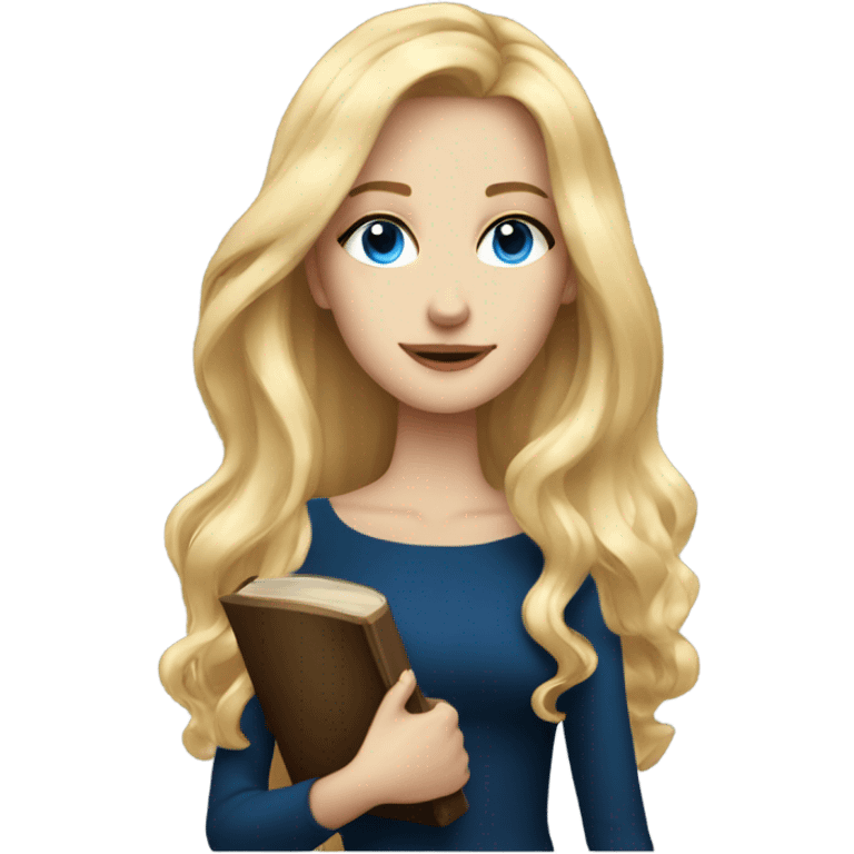 Beautiful skinny woman long blonde hair in dark dress with blue eyes gold earrings with book  emoji