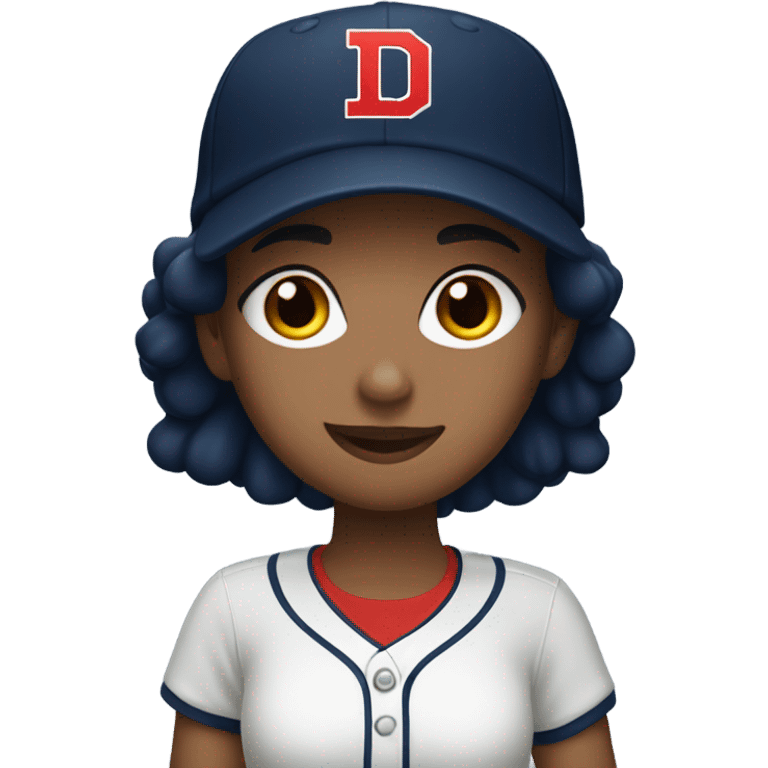 Dark hair girl who wearing navy ballcap emblazoned with a red D initial and wearing baseball uniform emoji