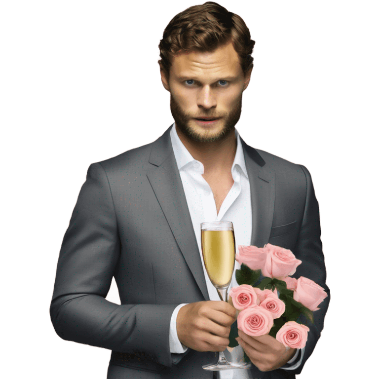 Photo of Jamie Dornan as Mr Grey holding roses and champagne  emoji