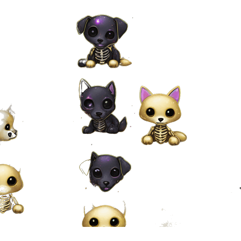 Black iridescent dog fox zombie skeleton gold mechanical nebula galaxy stars flowers fairy lights vintage emoji