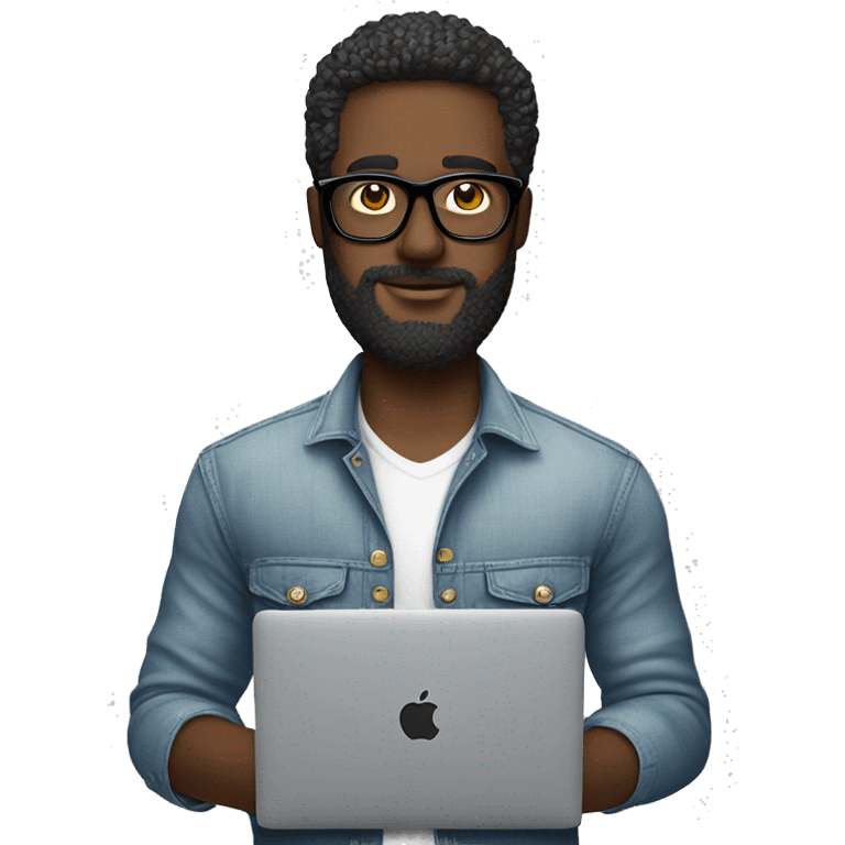 Emoji man with beard with macbook in hands in versace glasses and in shirt, profession - graphic designer emoji