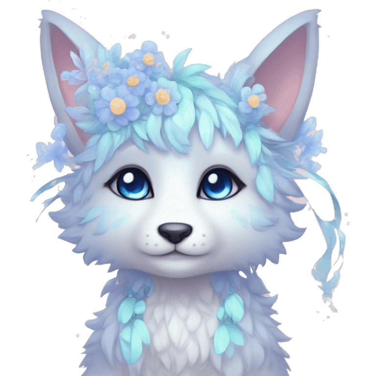 Anthro Cute Cool Pastel Kawaii gorgeous sparkly ethereal fantasy animal creature with blue eyes furry sona with flowers and ribbons beautiful aesthetic emoji