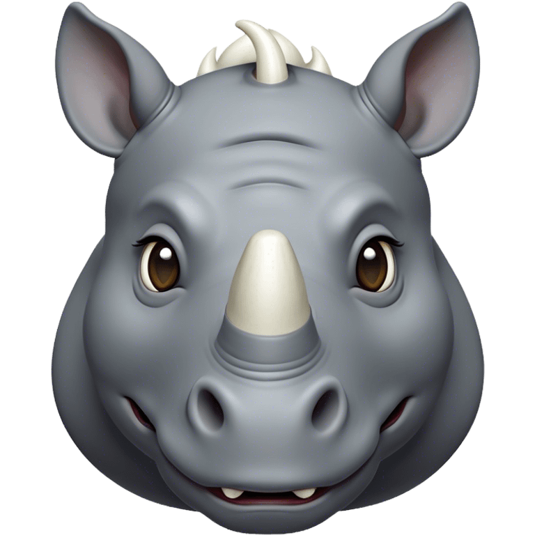 Cinematic Comical Rhinoceros Portrait Emoji, Head tilted dramatically with an exaggeratedly amused expression, featuring a striking, glossy slate-gray hide with a boldly textured white horn, wide, expressive eyes filled with playful disbelief, Simplified yet hilariously expressive features, highly detailed, glowing with a slightly sassy glow, high shine, dramatic yet playful, stylized with an air of cheeky wild mischief, bright and endearing, soft glowing outline, capturing the essence of a spirited and over-the-top rhinoceros, so meme-worthy it feels like it could charge its way into internet fame instantly! emoji