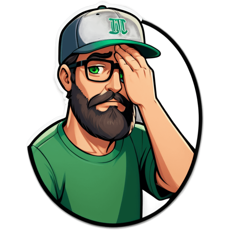 A man with a grey baseball cap, green eyes, big dark brown beard and glasses, facepalm emoji