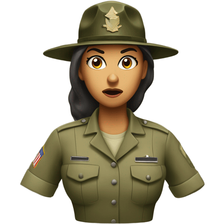 a female drill sergeant showing full torso wearing a classic sergeant hat and a camouflage army shirt. The character should have an angry intense expression.  emoji