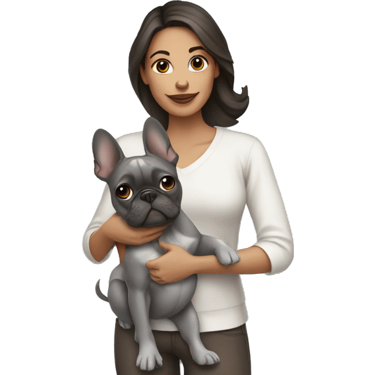 Brunette Woman holding grey French bulldog emoji