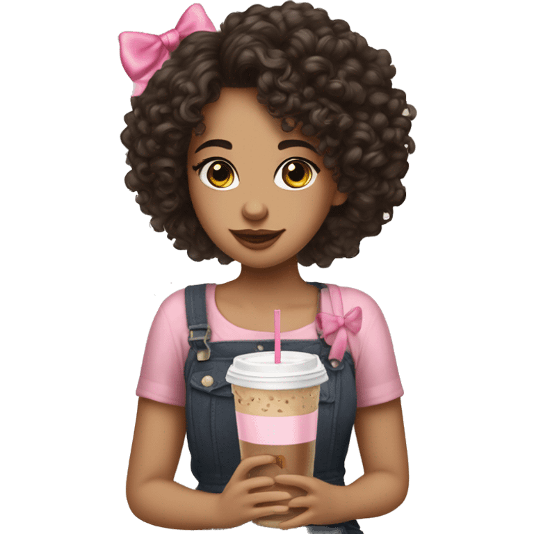 A girl with mixed skin and dark curly hair with a pink bow in her hair and an iced coffee in her hand ￼ emoji