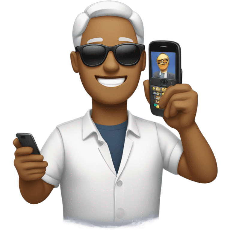 person with sunglasses showing phone emoji