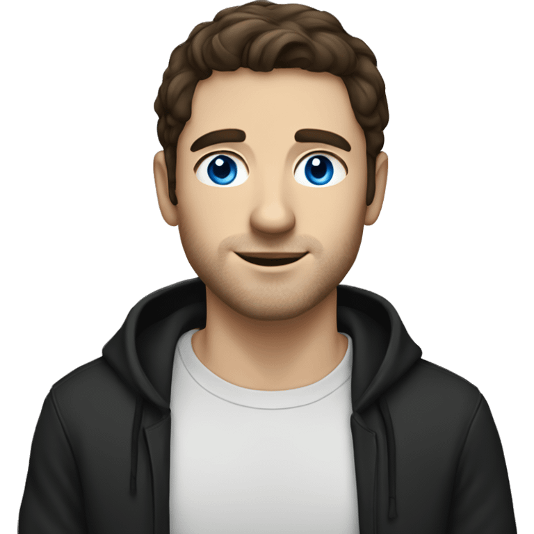 white guy with dark brown hair and blue eyes and black hoodie emoji