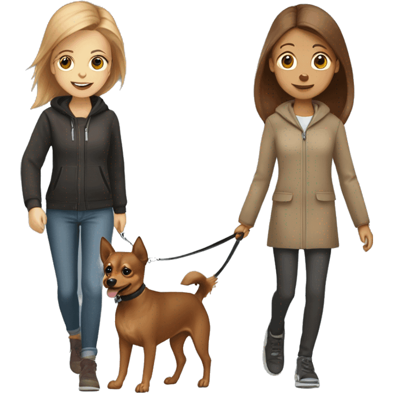 A light brown haired girl, walking a miniature Pinscher and a big light brown Spitz on the lead emoji