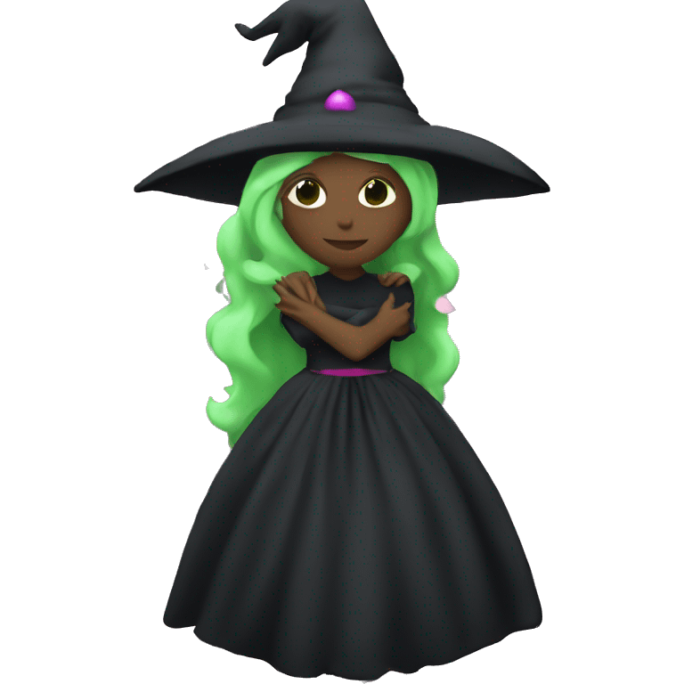 Witch dressed in black with green skin hugging pink dressed white witch emoji