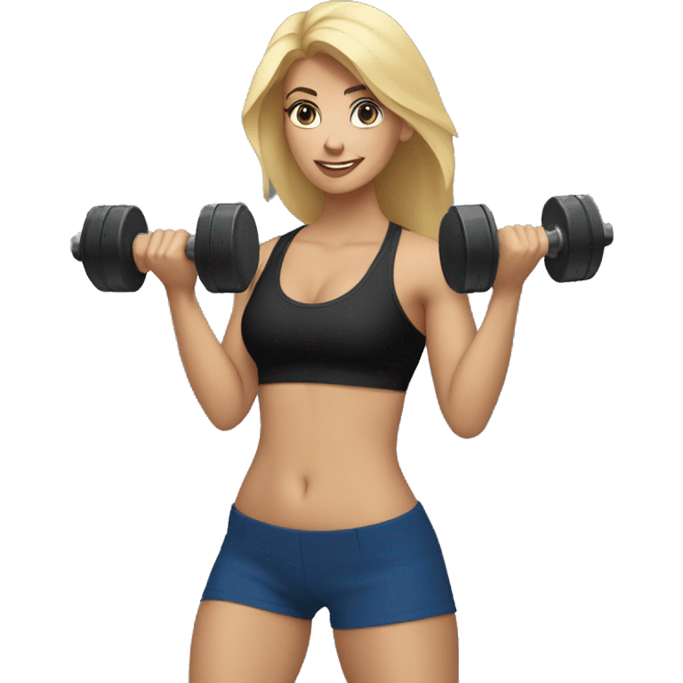 blonde woman working out with a blue shorts and black tank top and she is holding a dumbell emoji