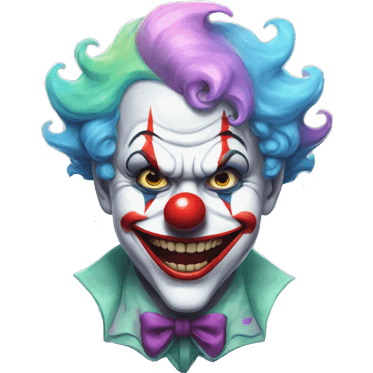 A soaking wet clown, joker-like, very scary, pastel colours, emoji