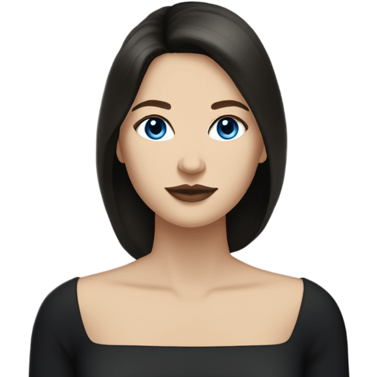 white woman, wearing a black dress and boots, stylish, with straight long mid hair, dark brown hair, blue eyes, round face, uni-lips. emoji