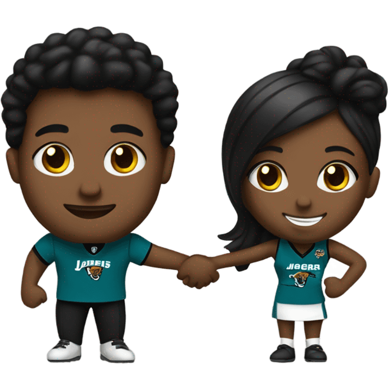 Brown guy and black girl withJacksonville jaguars  clothes holding hands emoji