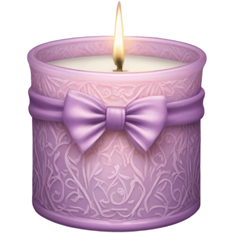 A soft pink candle in an ornate lavender glass holder, tied with a delicate satin bow. emoji