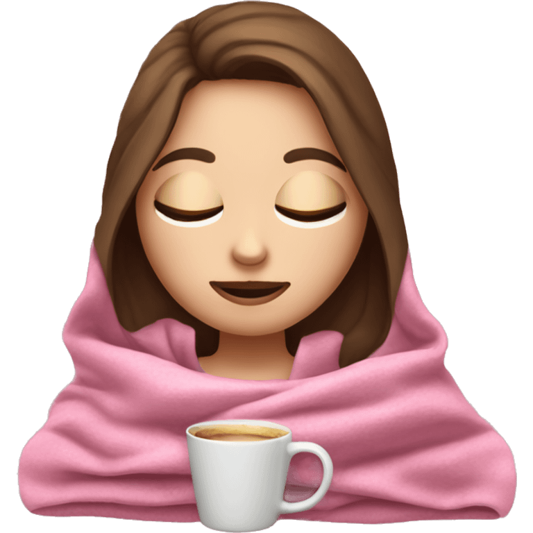 white girl with brunet hair inside a pink blanket sipping coffee eyes closed emoji