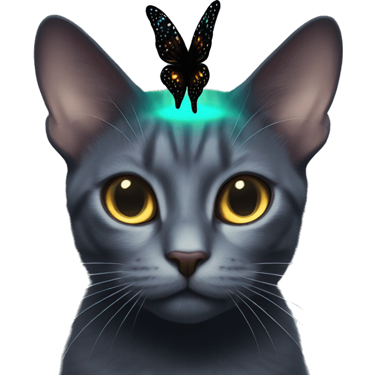 Dark iridescent butterfly glowing on top of cats head  emoji