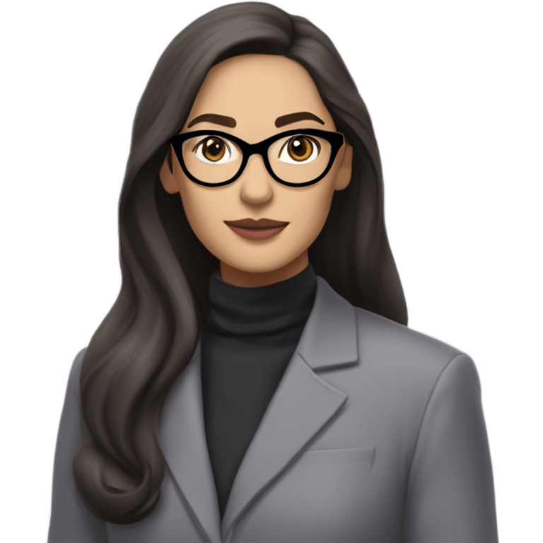 Tv show young full bodied Diana Prince wearing grey suit with silk voile purple turtleneck and black eyeglasses, long flowing hair  emoji