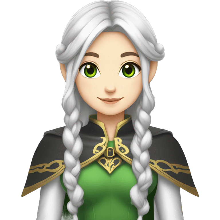 Frieren, grey_hair, twintails, elf, pointy_ears, long_hair, green_eyes, blue_eyes, white cape with golden list and inside shirt colored black and white tiles emoji